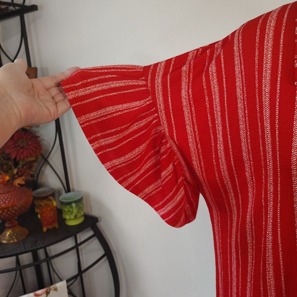 Luxology Large Women's Red Striped Button-Up Ruffle Short Sleeve Blouse Shirt - Picture 3 of 7